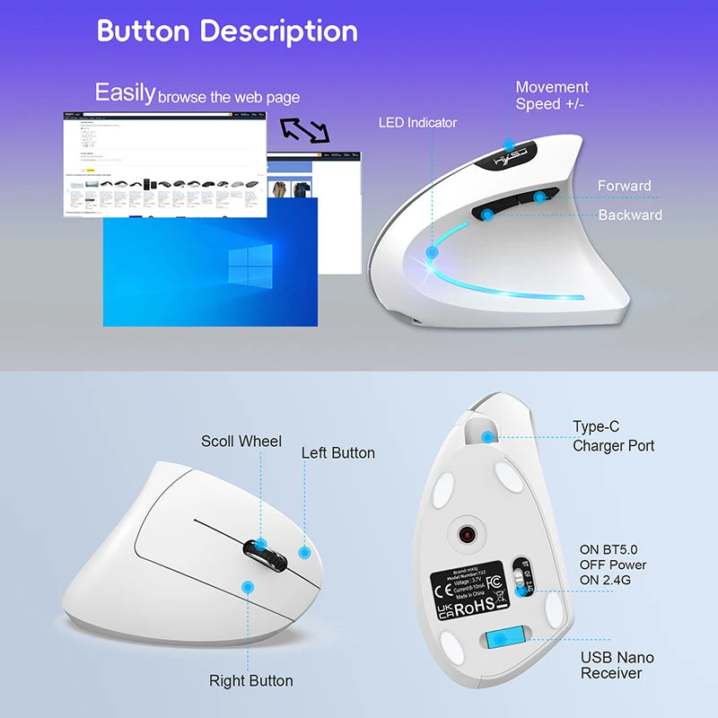 Wireless Mouse Bluetooth Vertical Mouse Dual-Mode Silent Mouse Rechargeable Gaming Mouse For Win Mac OS Laptop Computer Mouse