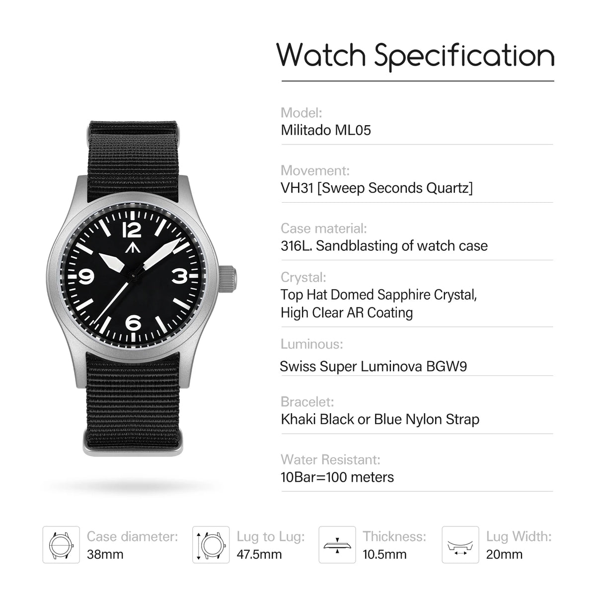 Militado New ML05 Sweep Seconds Movement VH31 Sapphire Super-LumiNova  BGW9 High Transparency AR Coated 38mm Vintage Watches