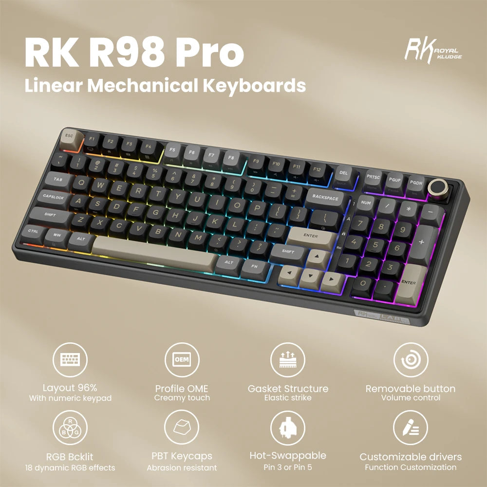 RK ROYAL KLUDGE R98Pro Gasket Wired Mechanical Keyboard 98 Keys RGB Hot-swappable Pluggable Button Gamer Keyboard PBT Keycaps