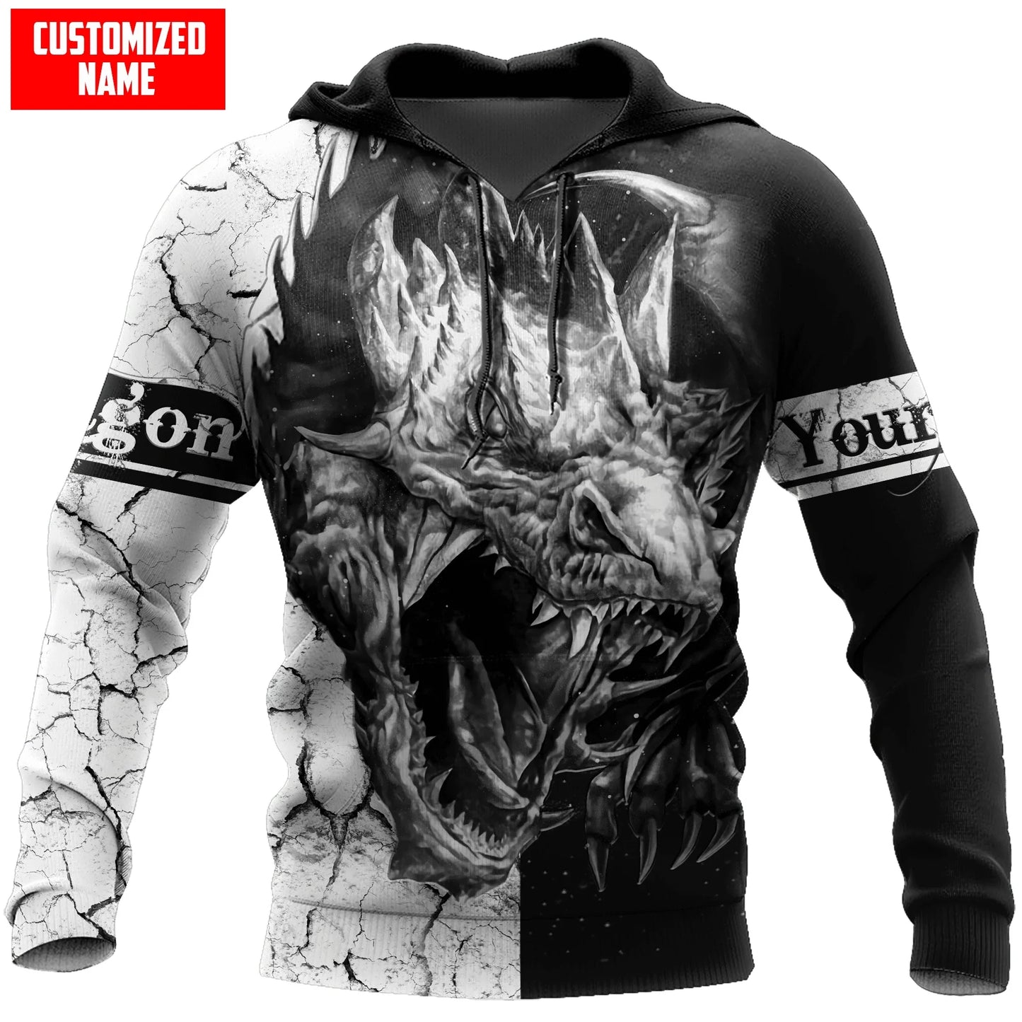 Personalisierter Drachen-Tattoo-Hoodie in Schwarz-Weiß mit 3D-Allover-Print, modischer Herren-Hoodie, Unisex-Kapuzenjacke, lässiger Trainingsanzug KJ984