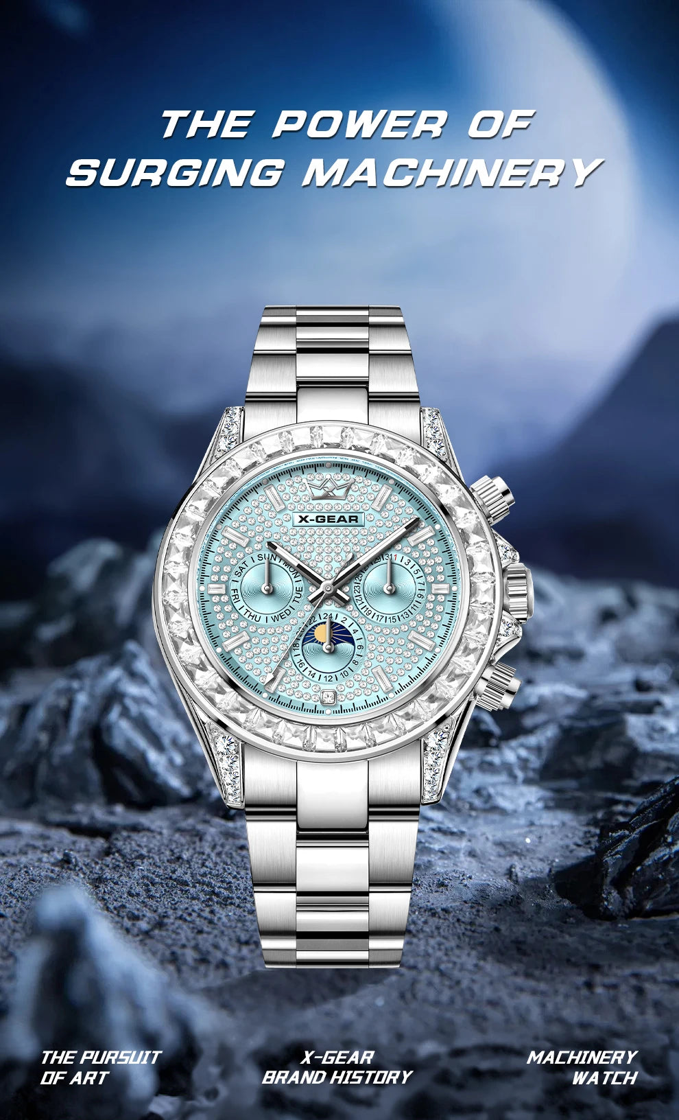 X-GEAR Men's Watch Automatic Mechanical with Diamond Dial Luminous Moon Phase Water-Resistant