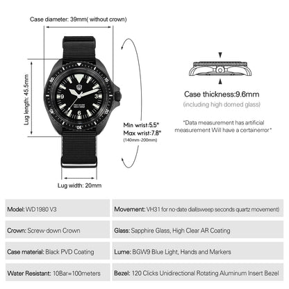 Watchdives WD1980 V3 Quartz Watch 100m Waterproof BGW9 Luminous Nylon Strap Watch Sapphire VH31 Movement Men Watch with Gift Box