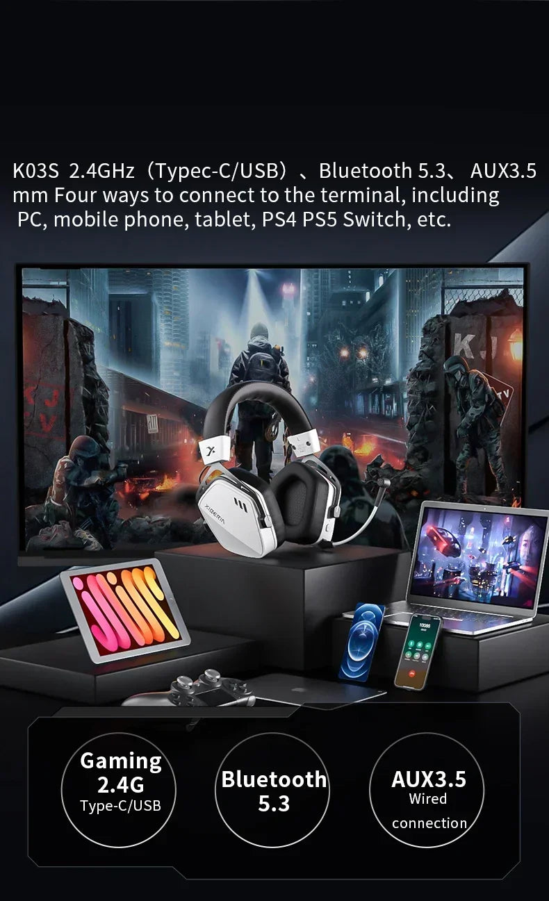 XIBERIA Wireless Gaming Headphones K03S Pro 7.1 Surround Sound 2.4GHz 4 Mode Headsets Gamer 2000mAh Battery Low Latency IEM
