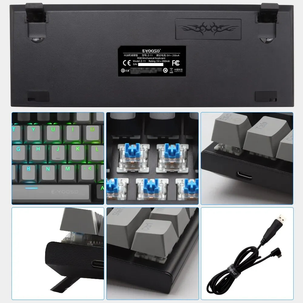 E-YOOSO Z11 RGB USB 60% Mini Mechanical Gaming Keyboard Blue Red Switch 61 Keys Wired Detachable Cable, Portable for Travel PC