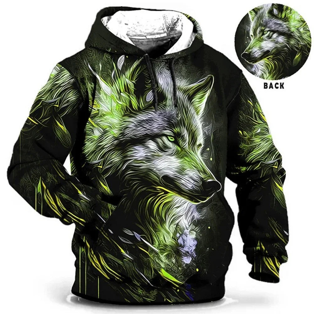 Vintage Hoodies for Men Wolf Animal Pattern 3D Print Eagle Leopard Tops Autumn Winter Casual Long Sleeve Oversized Tiger Hooded