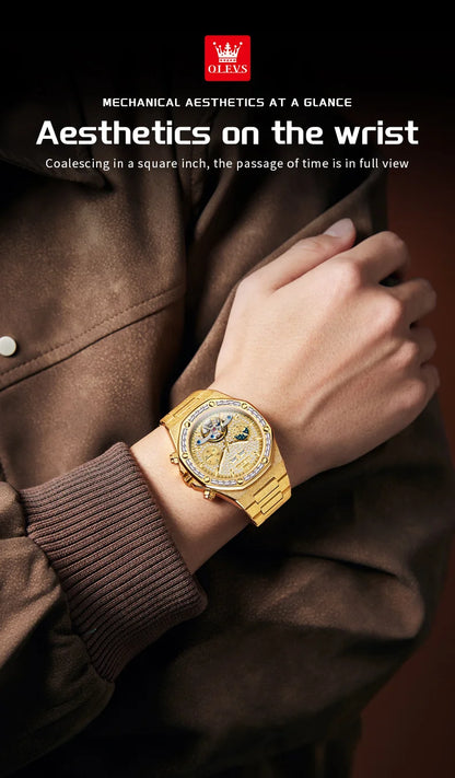 OLEVS Gold Steel Men's Watches Top Brand Automatic Mechanical Luxury Watch Sport Waterproof Tourbillon Wrist Watch Reloj Hombre