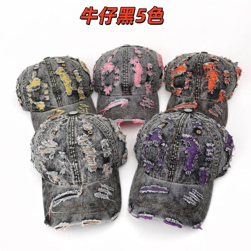 Vintage Washed Distressed Denim Colorful Baseball Cap for Men Women, Fashion Two-Tone Ripped Sun Protection Visor Hat Trendy