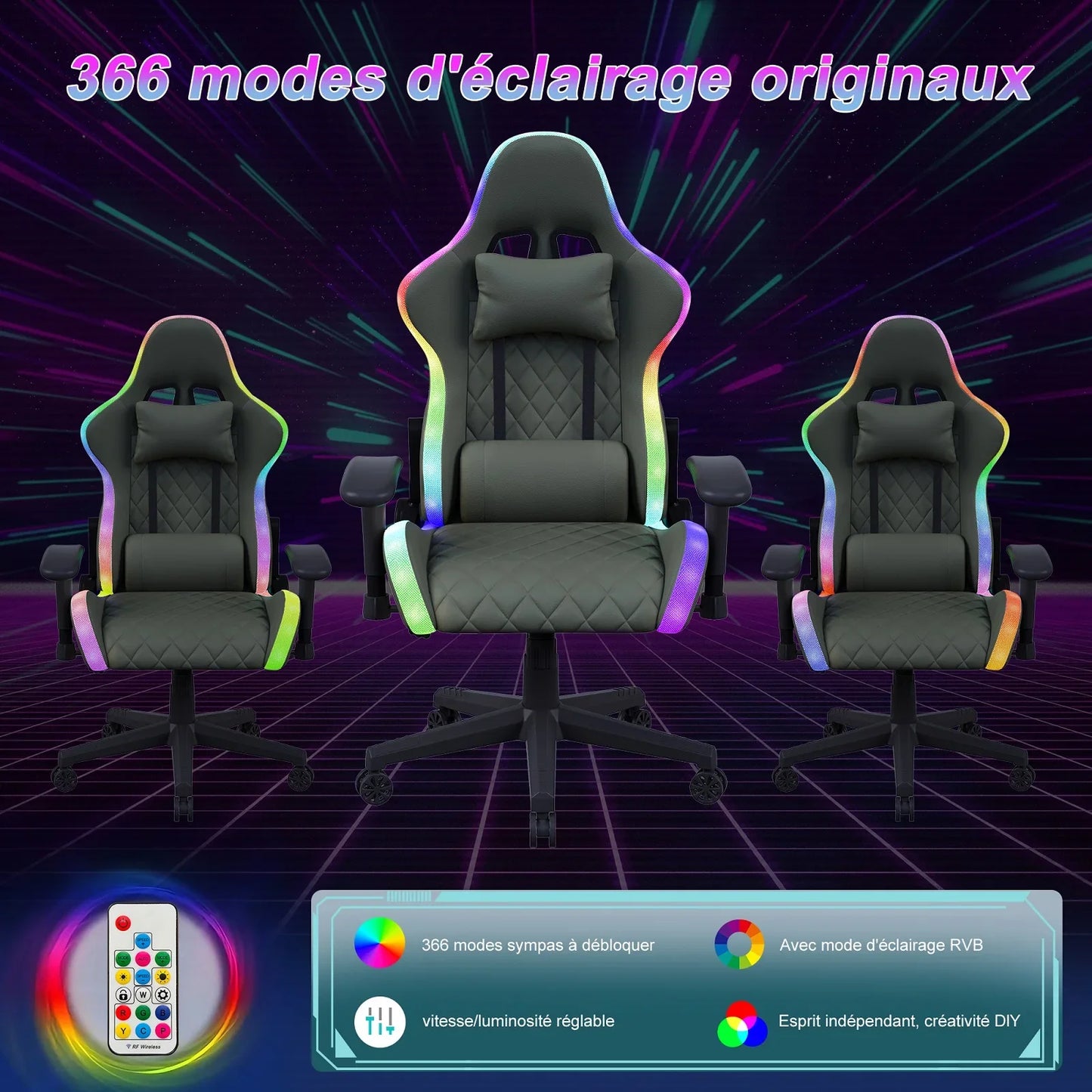 Rosahqnda LED gaming chair with ergonomically adjustable backrest, PU leather office chair, lumbar support cushion & pillow