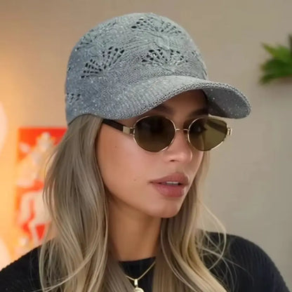 Summer Glossy Openwork Knit Baseball Cap for Women,Outdoor Sun Protection Hat Breathable Flattering Versatile