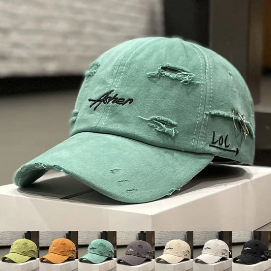 Unisex Asher Embroidery Broken Hole Iron Ring Baseball Caps Outdoor Adjustable Spring and Autumn Casual Sunscreen Hat