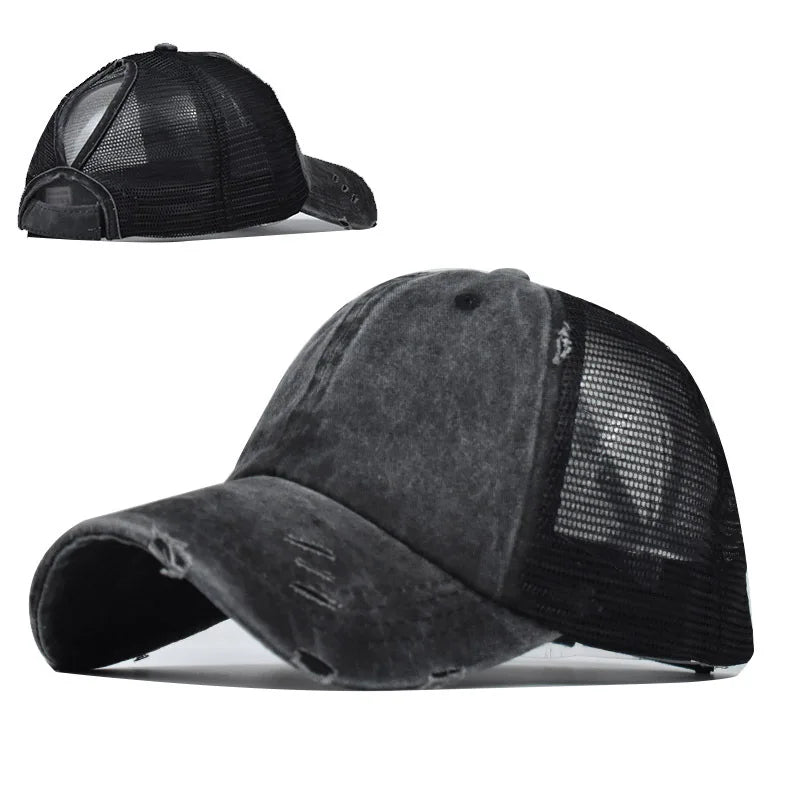 1 casquette de baseball vintage en maille « ponytail », casquette de camionneur ajustable, délavée et vieillie, offrant une protection solaire en extérieur, idéale pour le printemps et l'automne