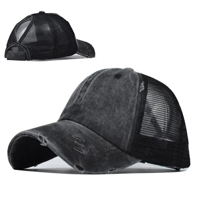 1 casquette de baseball vintage en maille « ponytail », casquette de camionneur ajustable, délavée et vieillie, offrant une protection solaire en extérieur, idéale pour le printemps et l'automne