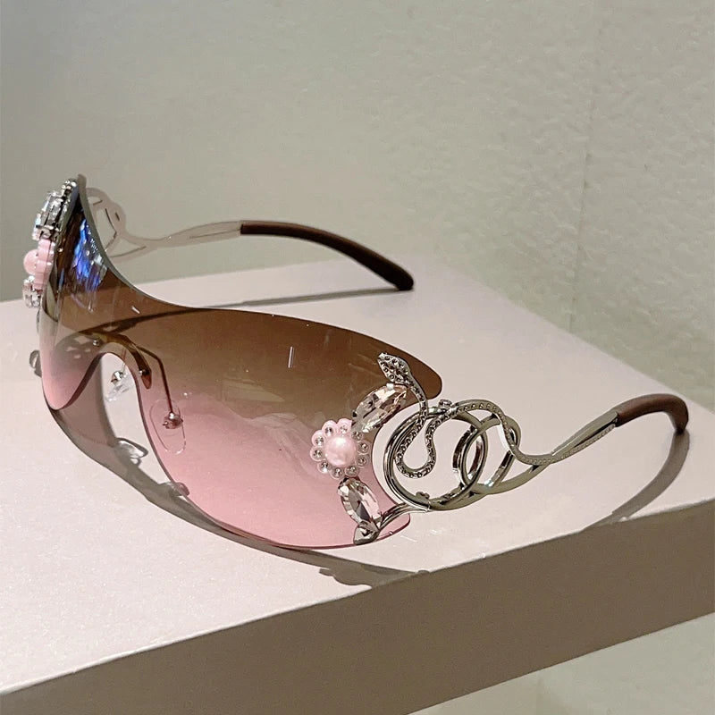 KAMMPT Rimless Y2k Sunglasses with Rhinestones Women Fashion Monoblock Outdoor Decor Shades Trendy Design Gradient Sun Glasses