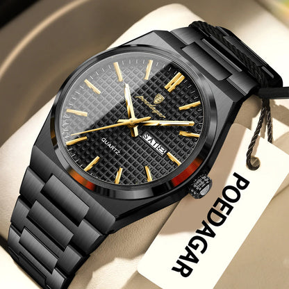 POEDAGAR luxury men’s wristwatch, water-resistant, luminous, stainless steel, with date and day of the week, quartz movement, business style.