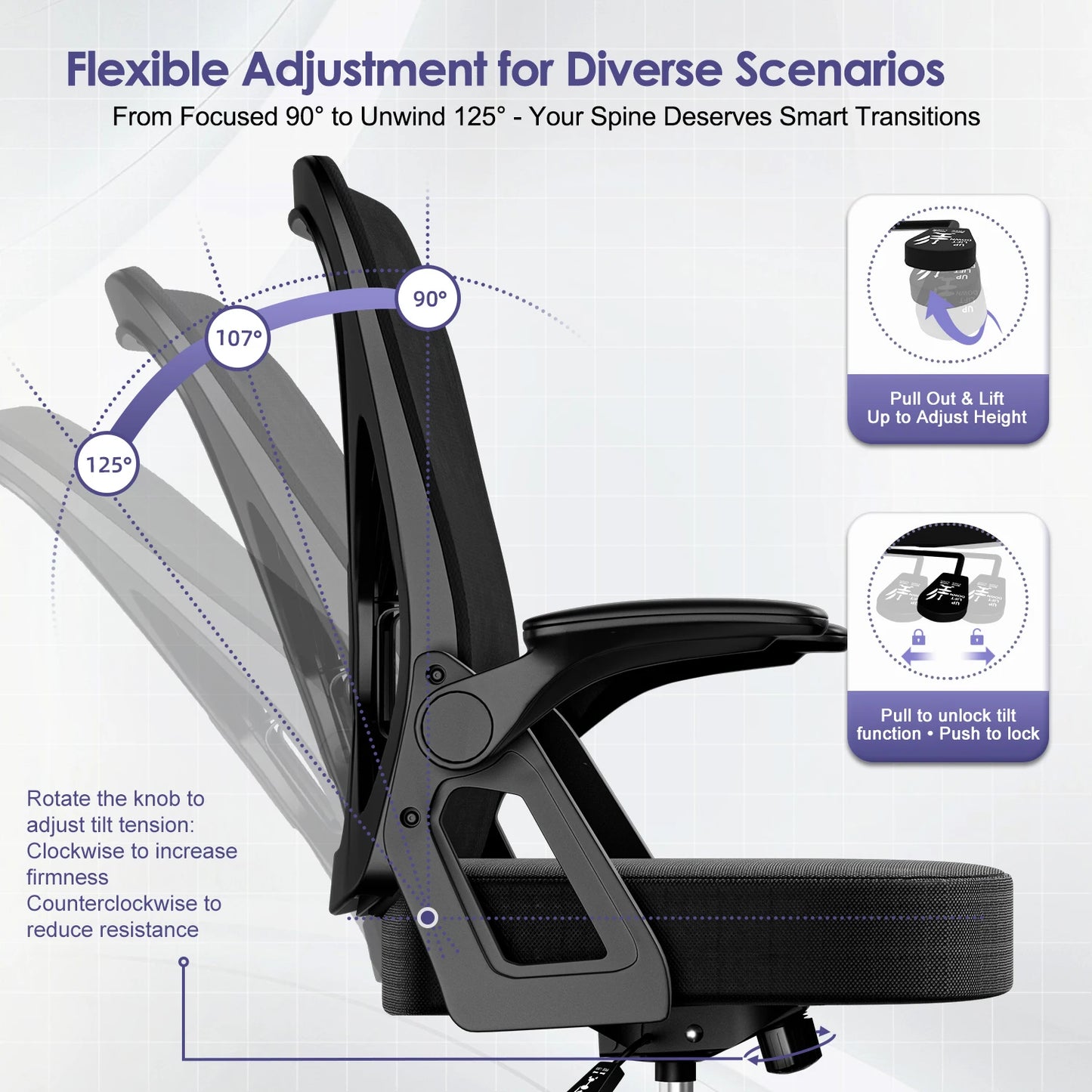 AUTHMIC Ergonomic Office Chair Mesh Back Lumbar Support Flip-Up Armrests Reclining Adjustable Height for Home Office Desk Work