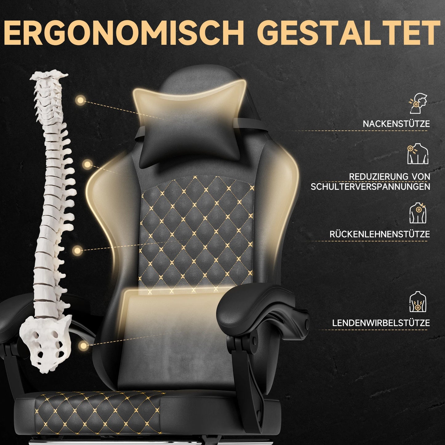 PINGGO Ergonomic Game Chair with Footrest Massage PVC Leather Office Chair for PC Gaming Weight Capacity 150kg
