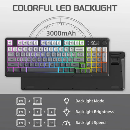 FREEWOLF M96 Wireless Keyboard Knob Control BT/2.4g/Wired,RGB LED Backlight Display,Pbt Keycap,3000mA Battery for PC/Laptop