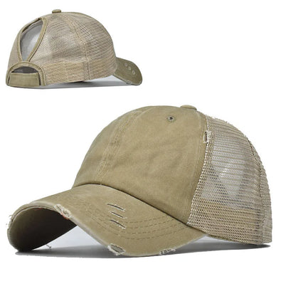 1 casquette de baseball vintage en maille « ponytail », casquette de camionneur ajustable, délavée et vieillie, offrant une protection solaire en extérieur, idéale pour le printemps et l'automne