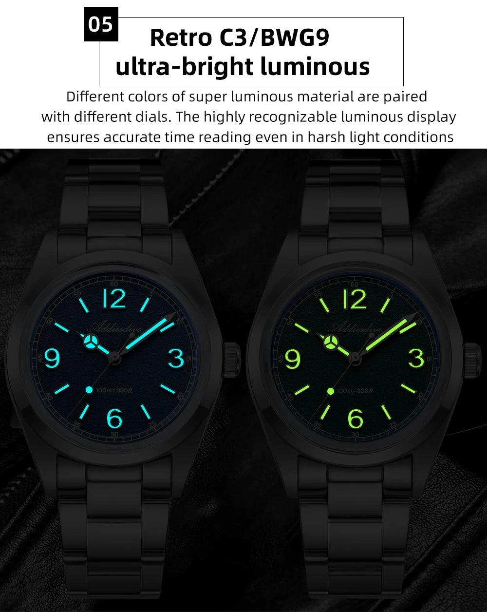 ADDIESDIVE 36mm Bestseller-Herrenuhr AD2518 mit gewölbtem Spiegelglas, 316L-Edelstahl, Herrenuhr, 100m wasserdichte Quarzuhr