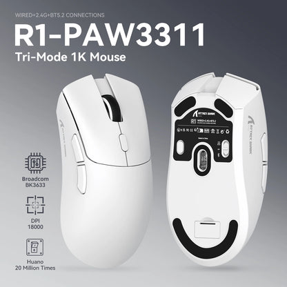 ATTACK SHARK R1 Tri-mode Gaming Mouse, PixArt PAW3311 Sensor, 18000 DPI, 1000hz, 59g Ultralight for Big Hand, for PC/Mac