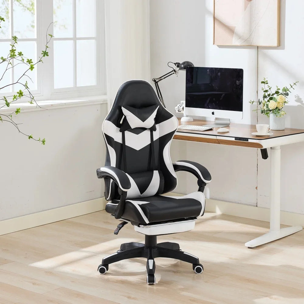 360 ° - Swivel Ergonomic Racing Design Gaming Chair Leather High Back Office Chair Height Adjustable Task Chair, Black&White