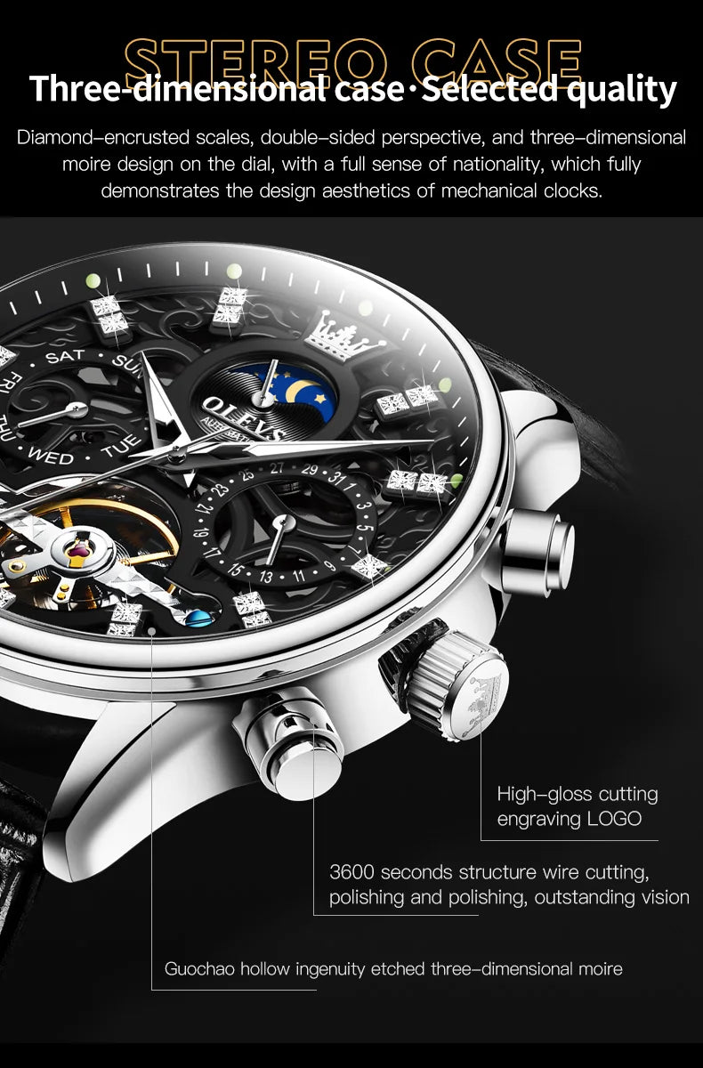 OLEVS 6658 Automatic Mechanical Watch for Man Leather Strap Waterproof Moon Phase Business Dress Men's Watches