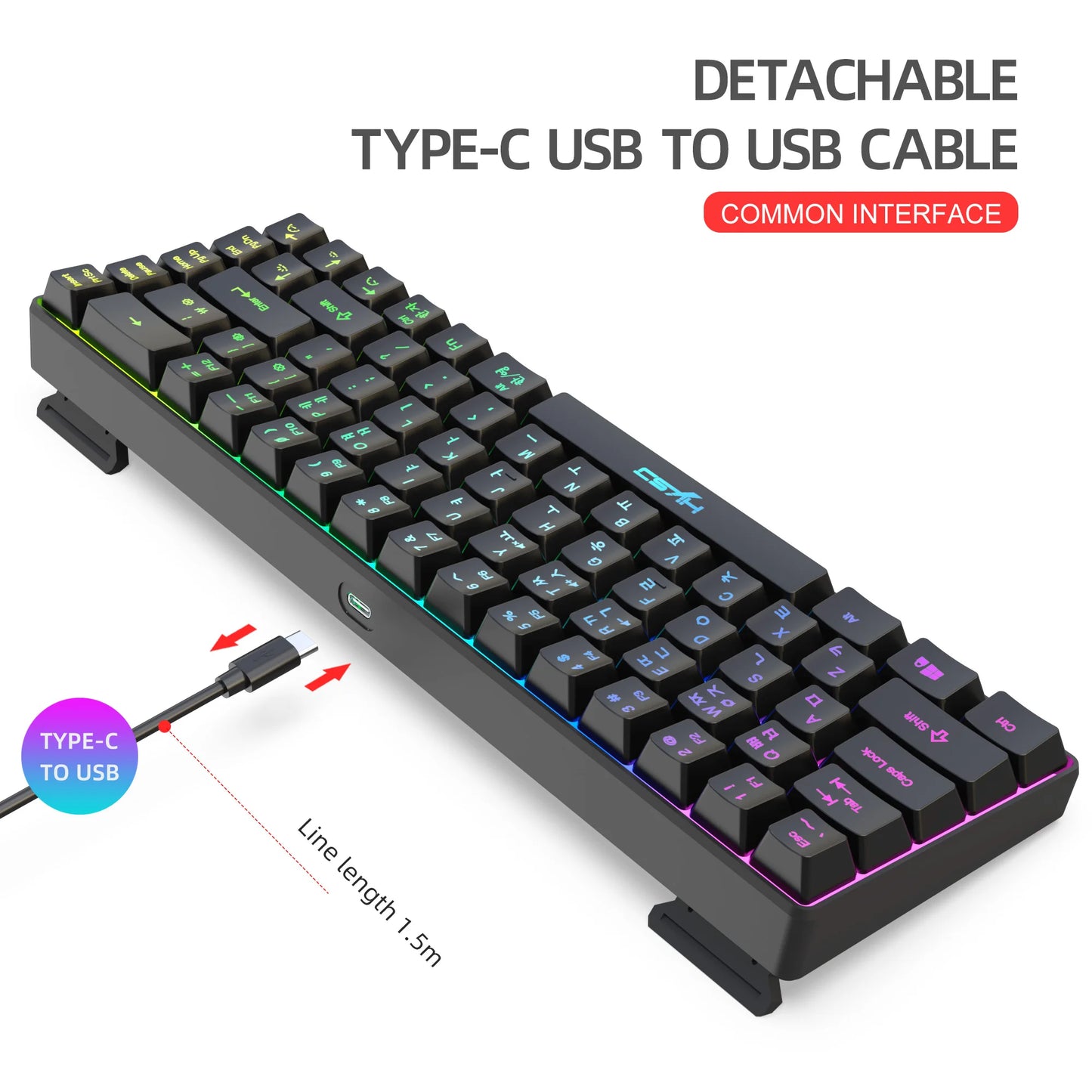 68 Keys Gaming Keyboard USB Wired Portable 20 RGB Backlight Korean Keyboard for Windows Laptops Computer