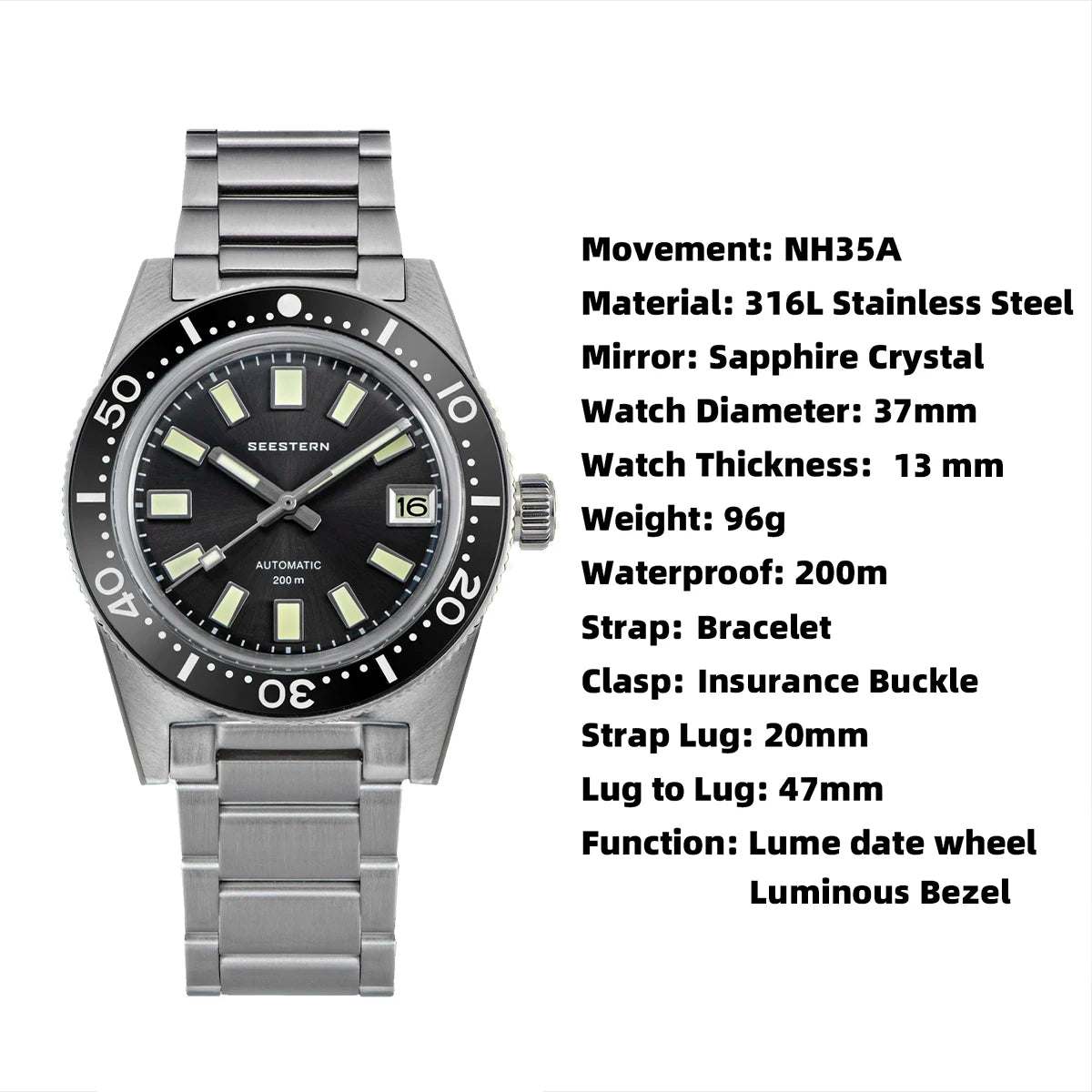 SEESTERN 62MAS Diving Watch Men Automatic Mechanical Wristwatch Luminous Bezel Waterproof NH35 Movement Sapphire Glass Bracelet