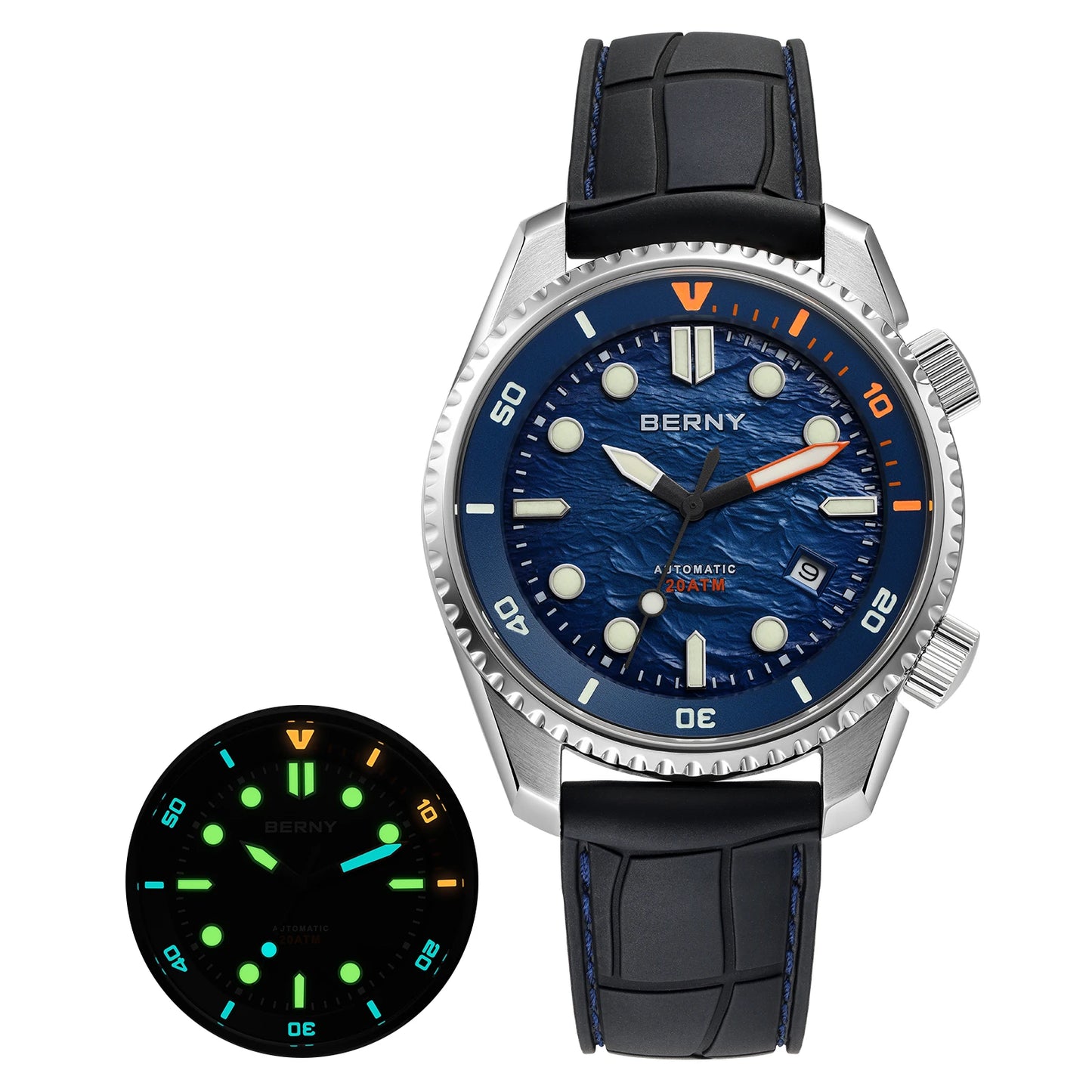 BERNY Automatic Diver Watch for Men Top Luxury Sapphire 316L Steel Blue Dial 200M Waterproof Mechanical Diving Men's Watches