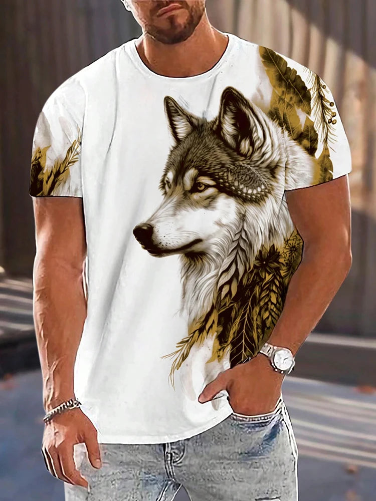 Different Pupil Wolf Print Men's T-shirt Daily Casual Urban Street Fashion Short-sleeved Summer Outdoor Sports Tee