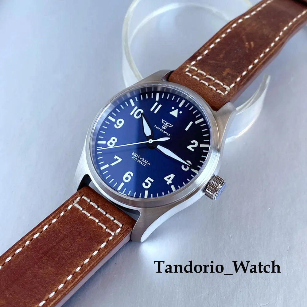 Tandorio 39mm Luxury Pilot Style Automatic Mechanical Men Watch For Miyota 8215 Movement 20ATM Luminous Diver Wristwatch Leather