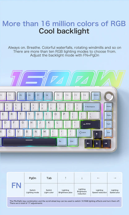 F75 Mechanical Keyboard FREEWOLF 81 Keys Layout Metal Knobs PBT Keycaps,Fully Hot-swappable Keys RGB Multi-color Backlighting