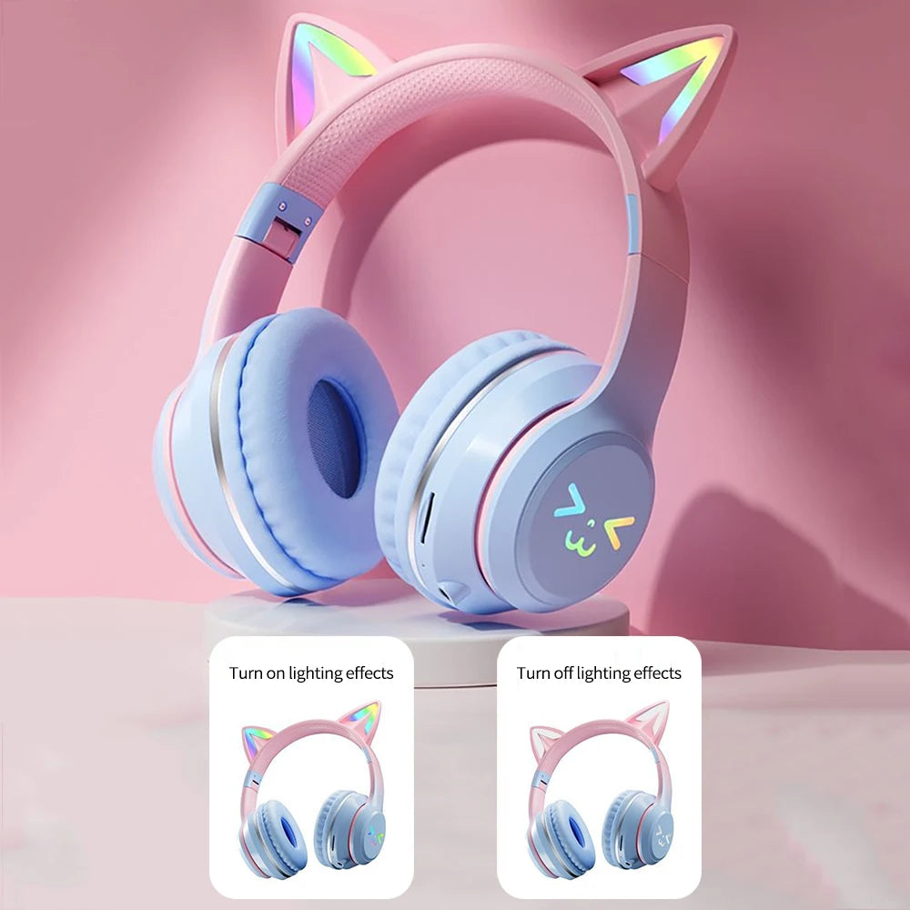 Gradient wireless RB cute cat ears Bluetooth headphones with microphone stereo music games headphones girls children gift