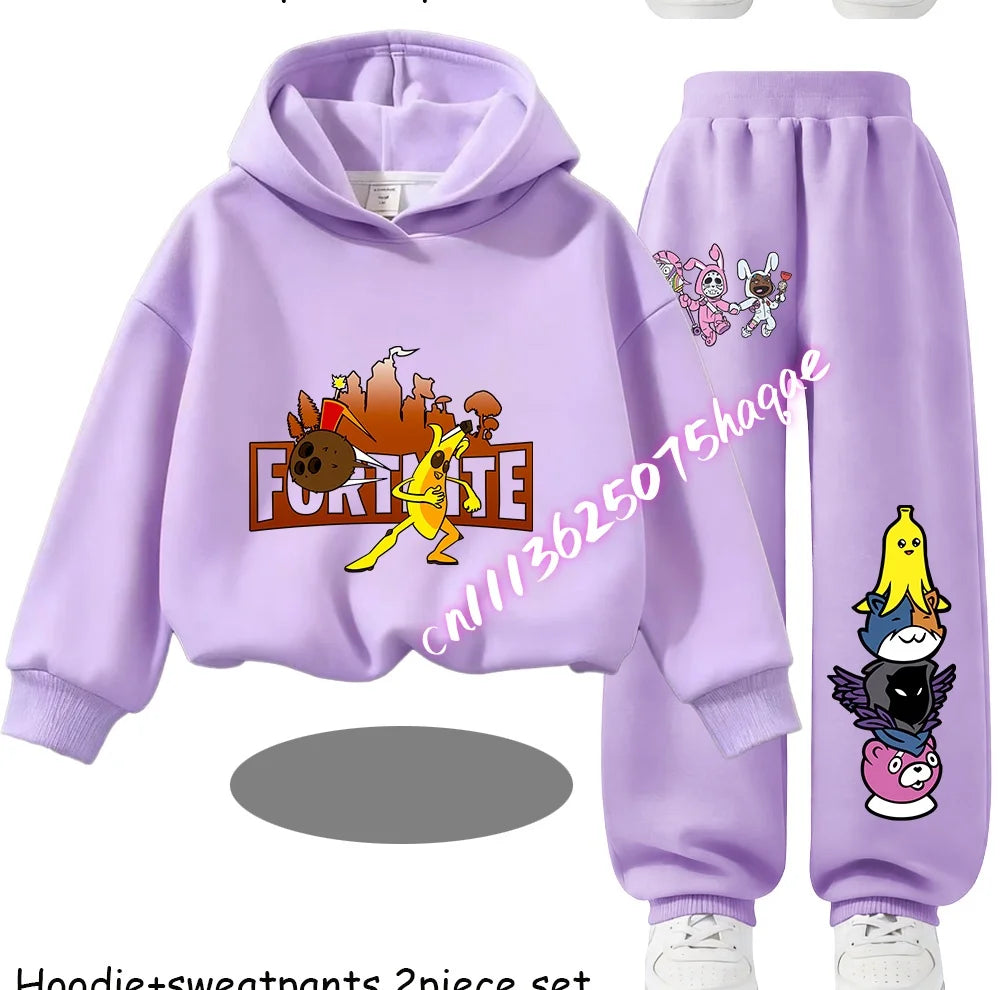 Fortnite Kinder-Set für Frühling und Herbst: langärmliges Kapuzen-Sweatshirt und Hose mit Gaming-Cartoon-Print für Jungen