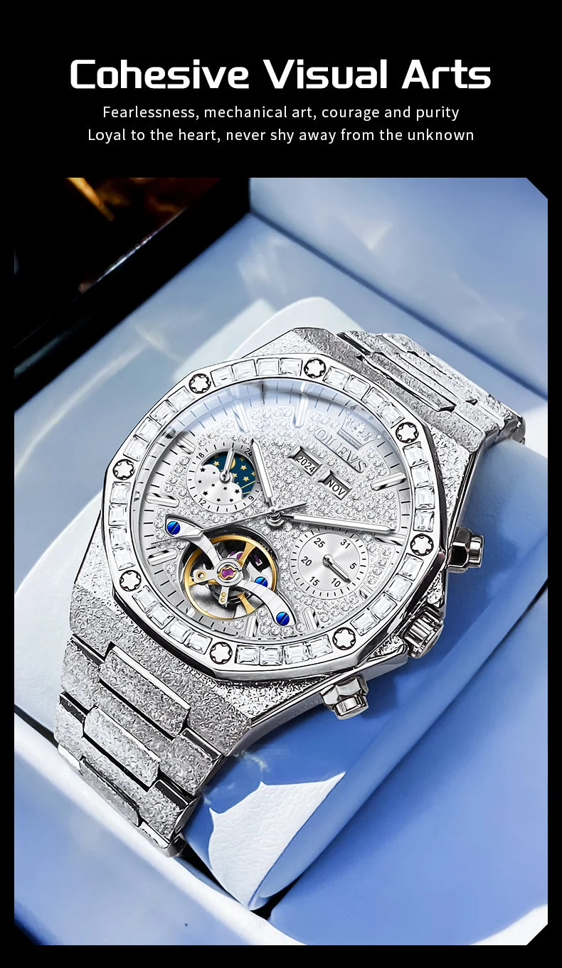 OLEVS Gold Steel Men's Watches Top Brand Automatic Mechanical Luxury Watch Sport Waterproof Tourbillon Wrist Watch Reloj Hombre