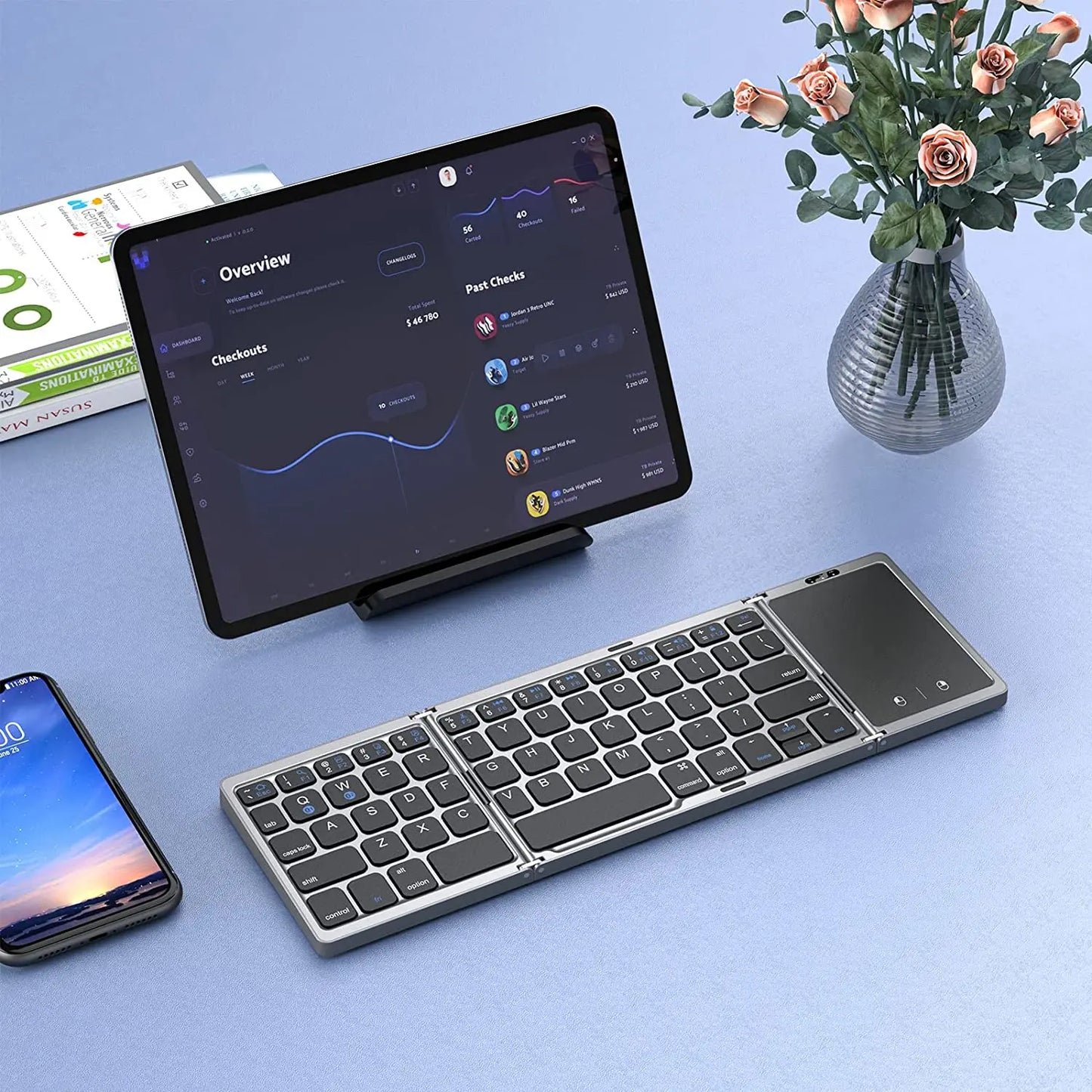 Dual Bluetooth 5.1 Keyboard 3-Folding Mini Keyboard Rechargeable Foldable Keyboard with Touchpad for Windows Android IOS iPad