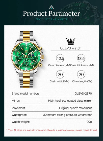 OLEVS Watch Men Top Brand Luxury Gold Quartz Military Watches Waterproof Date Luminous Stainless Steel Chronograph Clock Reloj