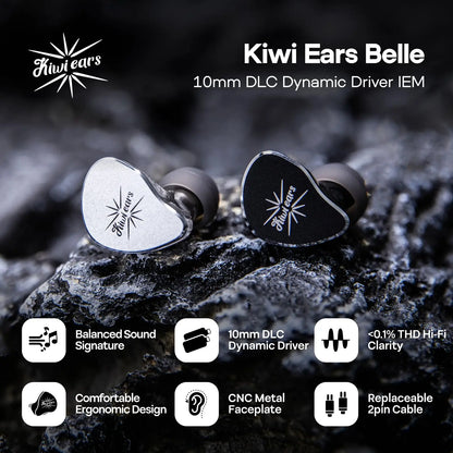 Kiwi Ears Belle 10mm DLC Dynamic Driver in-Ear Monitor, HiFi Wired Earbuds with Dual Silver-Plated Cables, Professional  linsoul