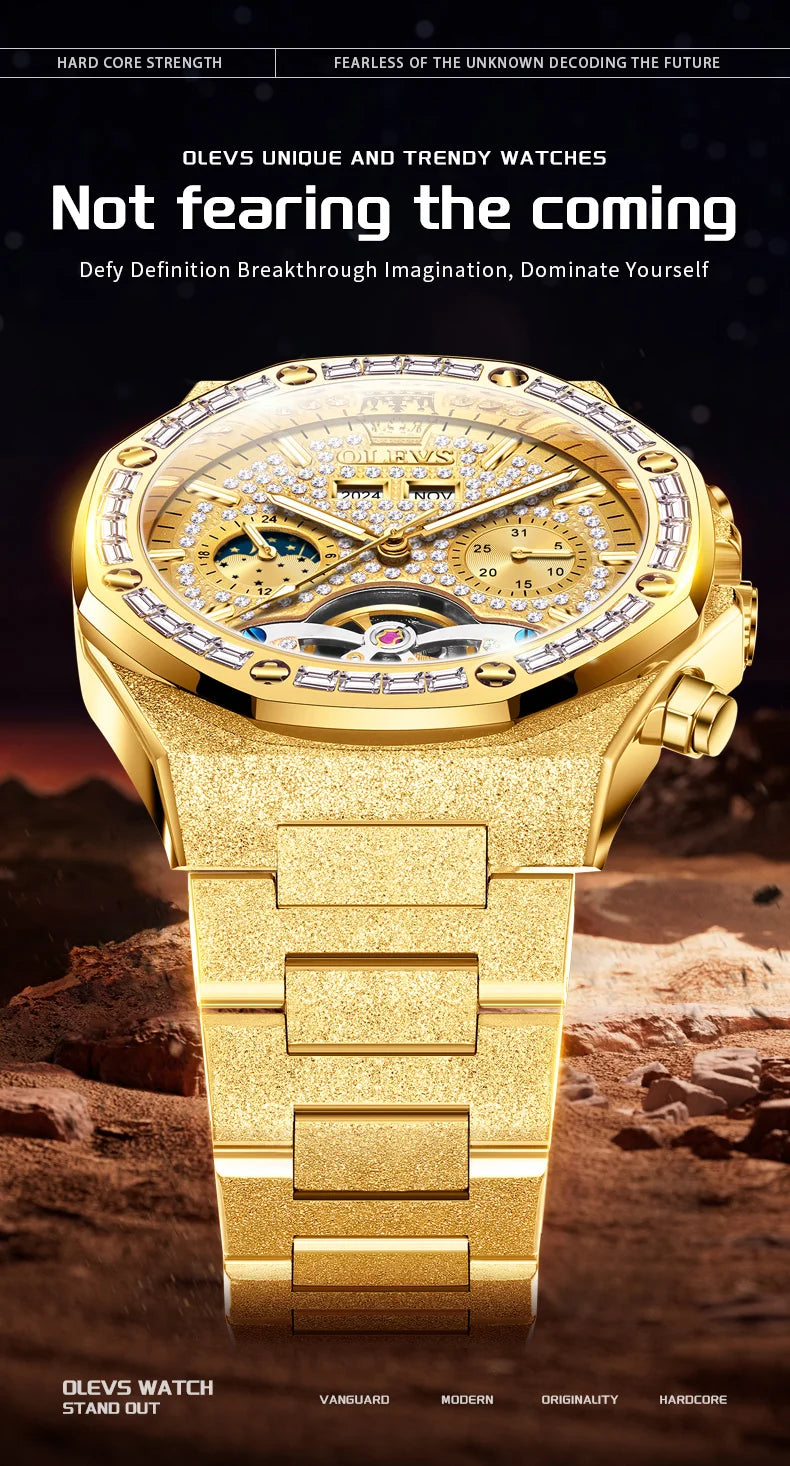 OLEVS Gold Steel Men's Watches Top Brand Automatic Mechanical Luxury Watch Sport Waterproof Tourbillon Wrist Watch Reloj Hombre