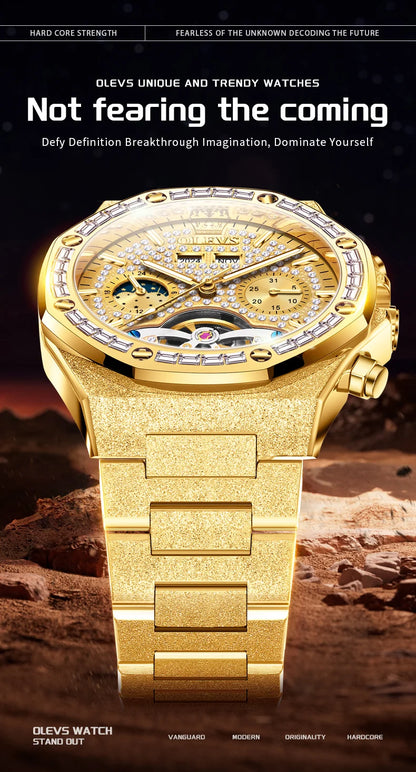 OLEVS Gold Steel Men's Watches Top Brand Automatic Mechanical Luxury Watch Sport Waterproof Tourbillon Wrist Watch Reloj Hombre