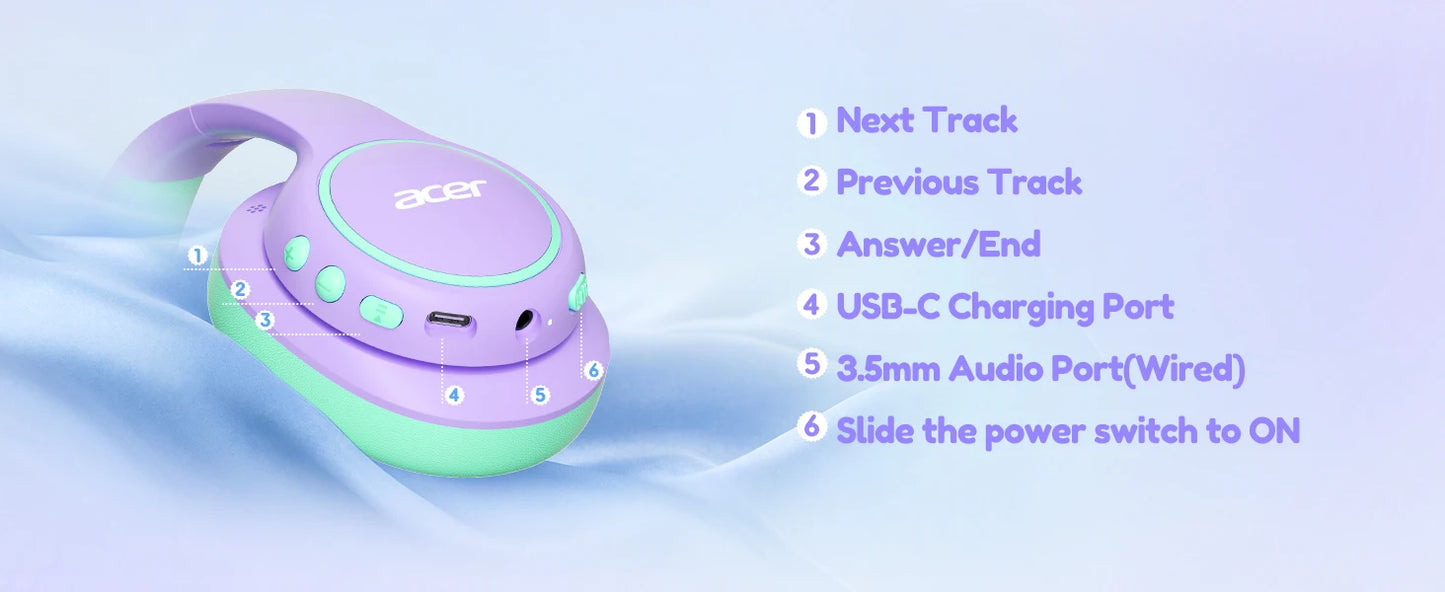Acer Kids Bluetooth 6.0 Headphones Over Ear Headsets with Mic 75H Playtime 85dBA Safe Volume USB C Fast Charging for iPad Tablet