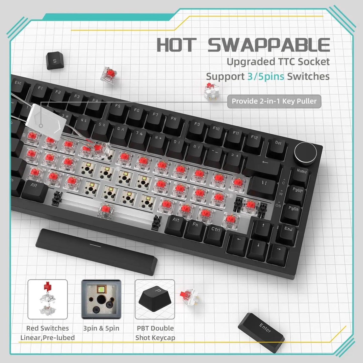 AJAZZ AK820 Rotary Volume Buttons Hot-Swappable Keys For Office AndHome Mechanical Keyboards DIY
