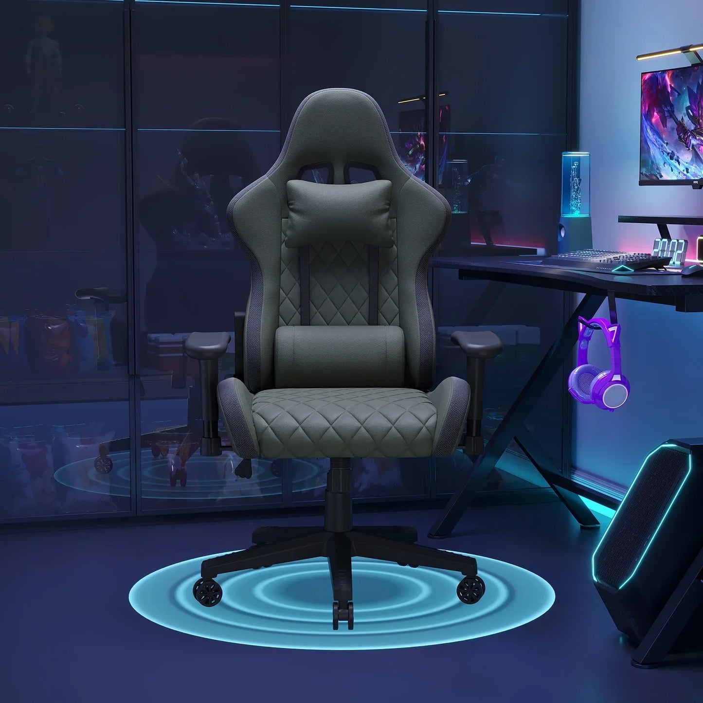 Rosahqnda LED gaming chair with ergonomically adjustable backrest, PU leather office chair, lumbar support cushion & pillow