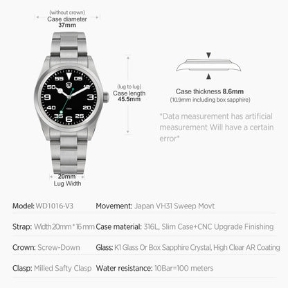 Watchdives WD1016 V3 37mm Watch VH31 Sweep Movement Stainless Steel Watches Luxury Sapphire 100m Waterproof Men Watch Box Gift