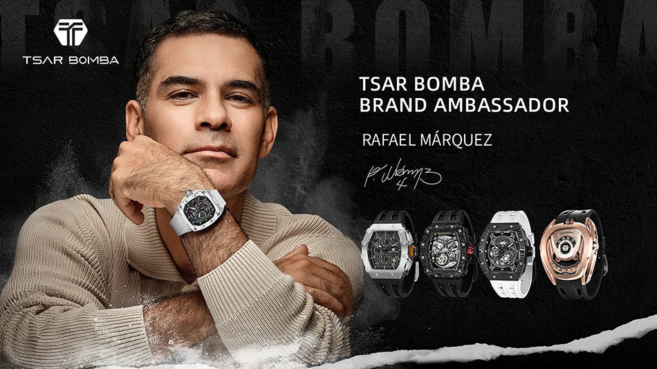 TSAR BOMBA Carbon Fiber Automatic Mechanical Watch for Men Waterproof Skeleton Mens Watches Top Brand Luxury Wristwatches