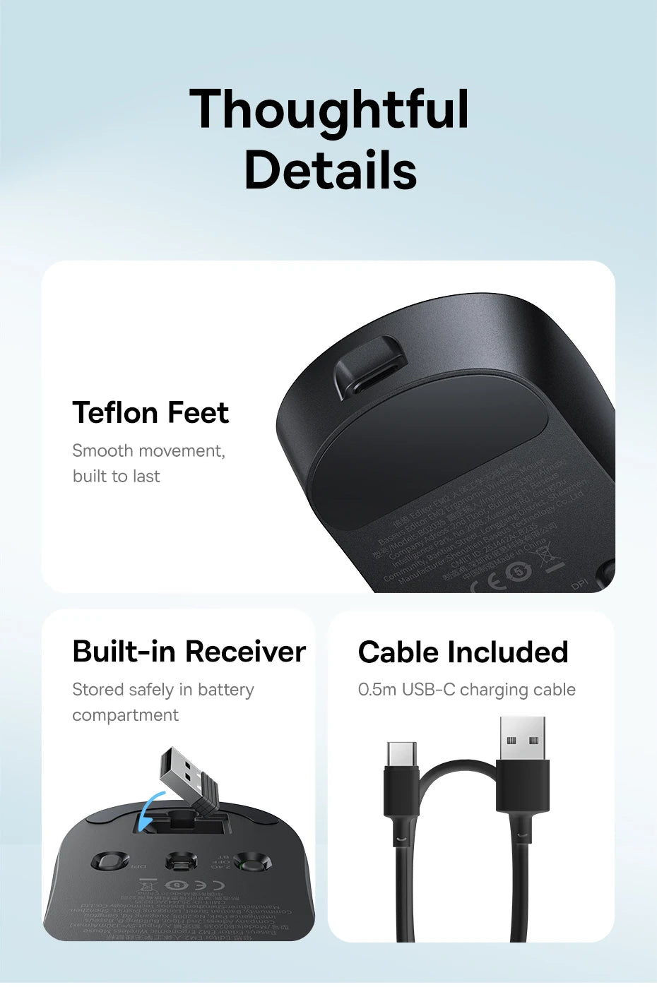 【NEW】Baseus EM2 Ergonomic Wireless Mouse Bluetooth 5.3 2.4G Type-C Charging Ultra Light Silent Mice Customizable Button Mouse