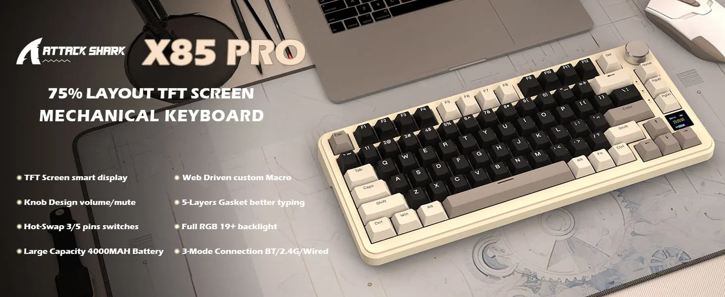 ATTACK SHARK X85Pro 75% Mechanical Keyboard with Screen & Knob Hot Swappable Wireless 2.4GHz/Bluetooth/Wired RGB Gasket Mount QM