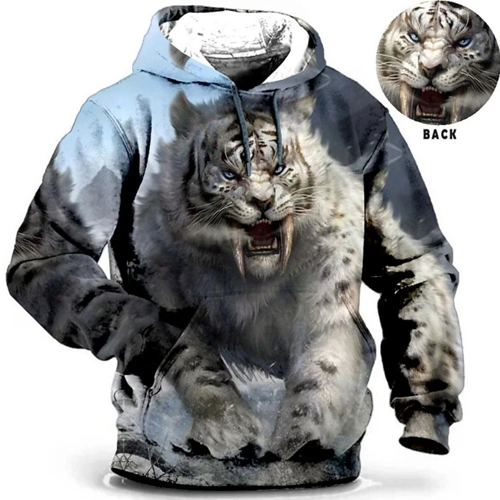 Vintage Hoodies for Men Wolf Animal Pattern 3D Print Eagle Leopard Tops Autumn Winter Casual Long Sleeve Oversized Tiger Hooded