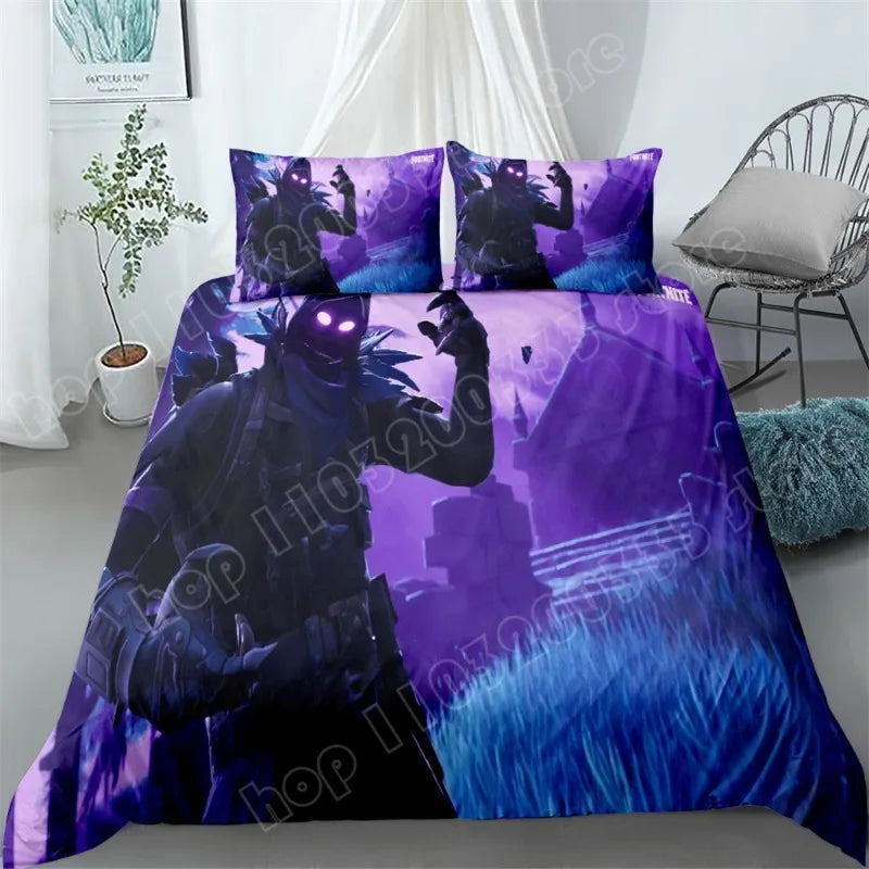 Fortnite-Bettwäsche-Set, 3-teilig, 3D-Druck, Bettwäsche für Schlafzimmer, Gaming-Cartoon-Dekor, Bettbezug und Kissenbezug, Geburtstagsgeschenk