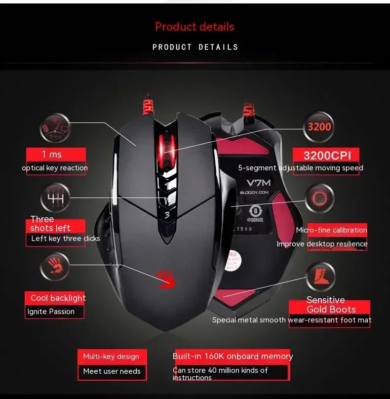 Bloody V7M Wired Mouse RGB Lightweight Ergonomics Design 4000dpi PC Office E-sports Gaming Macro Programming Mouse for CF LOL CS